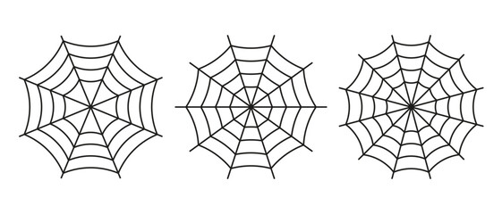 Spider web drawing in linear silhouette form. Black and white line art for Halloween. Vector illustration.