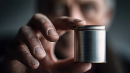 Close-up of a hand holding a small, metallic container.