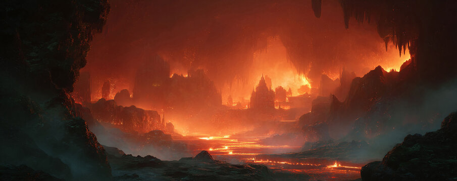Infernal landscape with rivers of fire. A dramatic backdrop for fantasy, gaming, or dystopian themes. Evokes hellscape and cataclysmic events. Power, destruction. - Powered by Adobe