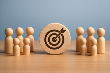 Wooden target icon with dart in center surrounded by groups of wooden people figures representing leadership focus and team alignment on wooden table