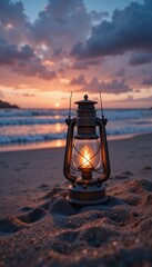 lantern glowing warmly on sandy beach during serene sunset with colorful sky and gentle waves