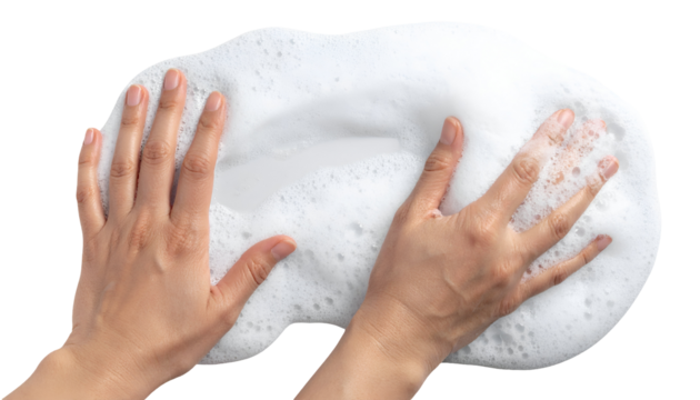 Two hands washing with rich white soap foam on isolated white background - Powered by Adobe