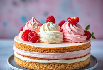 Pastel-colored cake layers with scoops of vibrant ice cream, fresh berries,   baking,  background