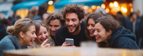 A group of friends laughing while looking at a mobile phone. Captures the joy of connection, shared moments, and modern communication. Ideal for lifestyle or technology themes.