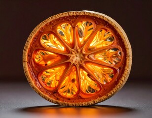 A glass-like bael fruit, split open to reveal glowing orange pulp and delicate translucent textures