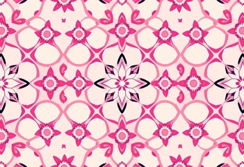 Pastel pink seamless pattern featuring geometric floral stars and circles in a symmetrical, graphic design, summer, circle pattern