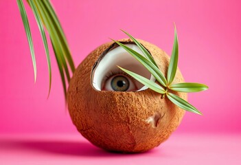 Playful coconut half obscures one eye against vibrant pink backdrop,   joyful,   aesthetic