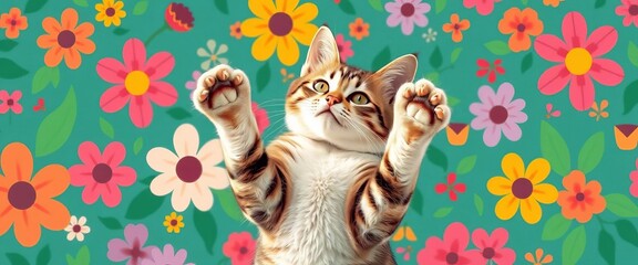 Playful cat with paws raised against vibrant floral backdrop, flat vector art,  pet,  design