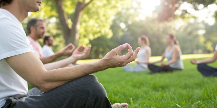 Background of mental states. Group of individuals practicing outdoor meditation combined with mental health medical activities to reduce stress and promote relaxation