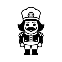 Nutcracker soldier silhouette in black and white-Vector illustration of a traditional nutcracker figure, styled as a toy soldier with a mustache, hat, and uniform, isolated on white background.
