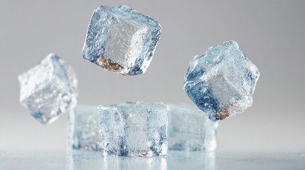 Obraz premium Floating Ice Cubes Against A Soft Gray Background. Concept Of Refreshment And Coolness