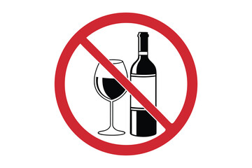 Red prohibition circle with a diagonal line over a wine bottle and glass silhouette isolated on white background