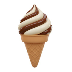 Glossy 3D Rendering Ice Cream Cone. Vanilla and Chocolate Swirled Dessert Icon
