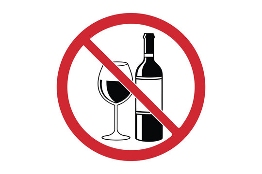 Red prohibition circle with a diagonal line over a wine bottle and glass silhouette isolated on white background