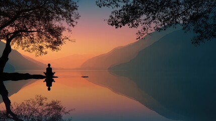 Meditating Silhouette by a Peaceful Lake at Sunset With Warm Reflections and Serene Surroundings