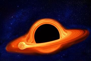 K&uuml;nstlerische Darstellung eines Sterns der von einem Schwarzen Loch aufgesaugt wird.