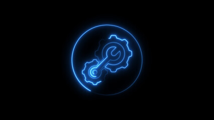 Glowing neon blue gears and wrench icon with circle design on black background