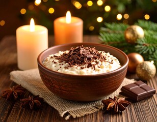 Creamy rice pudding with chocolate topping, festive setting