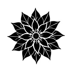 Black silhouette of detailed poinsettia flower-Stylized black silhouette of a poinsettia flower with intricate layered petals and leaves, symbolizing Christmas decor, winter season, and nature.