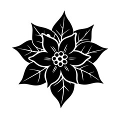 Black silhouette of poinsettia Christmas flower-Stylized black silhouette of a poinsettia flower with detailed petals and leaves, symbolizing holiday decor, winter season, and festive nature.