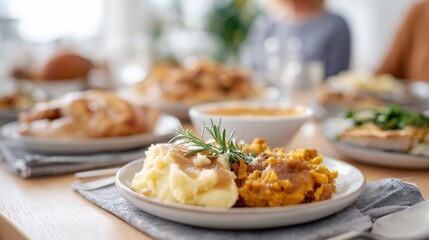 Plate of mashed potatoes and gravy sits on a table.