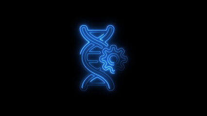 Genetic engineering icon featuring glowing blue neon dna helix and gear symbol against black