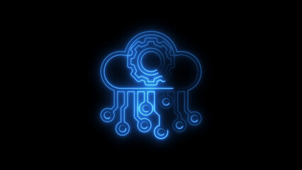 Neon blue cloud computing and technology concept illustrated on a black background