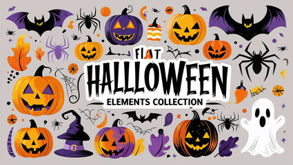 Playful hand-drawn Halloween elements in flat style with jack-o-lanterns, spiders, bats, and ghosts. Detailed brushstrokes and vibrant colors on a neutral background create a charming and balanced