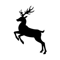 Jumping reindeer silhouette icon for Christmas-Black silhouette of a reindeer leaping with large antlers, symbolizing winter holidays, wildlife, and Christmas festive celebrations.