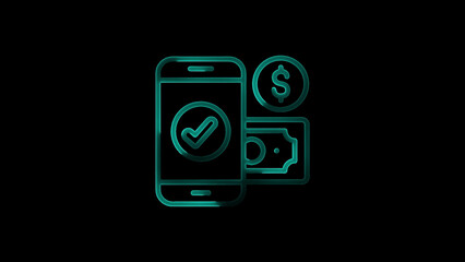 Mobile payment icon with checkmark dollar sign and banknote on a black background