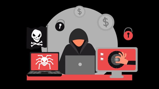 Hacker Concept Illustration With Laptop, Lock Icons, and Malware Symbols