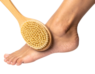 Foot being brushed with natural dry brush for exfoliation and wellness care on isolated white background