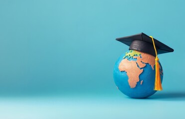 Concept illustration graduation hat on globe against blue background. Online education, global studies, university learning concepts. 