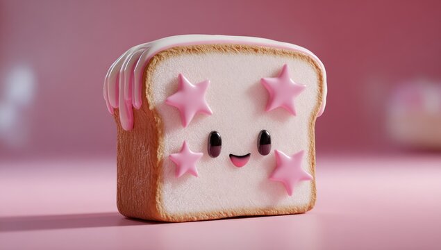 Cute toast square bread slice with white frosting, pink star sprinkles, & sweet smiley face on a pink surface against a blurred pink background