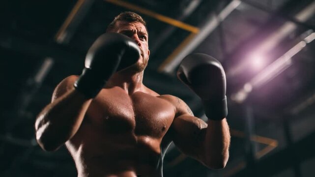 Focused Fighter: A determined boxer, exuding strength and focus, stands prepared for a challenging match, his form sculpted by rigorous training and dedication.