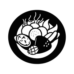 Thanksgiving Harvest Food Silhouette Icon-Black silhouette of a traditional harvest meal with fruits, vegetables, and baked goods, ideal for Thanksgiving and autumn-themed graphics.