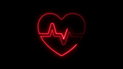 Glowing red heartbeat symbol with neon effect on a black backdrop for medical concepts