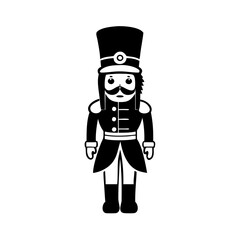 Traditional nutcracker soldier silhouette illustration-Black and white silhouette of a classic nutcracker soldier standing upright, perfect for Christmas themes and holiday graphics.