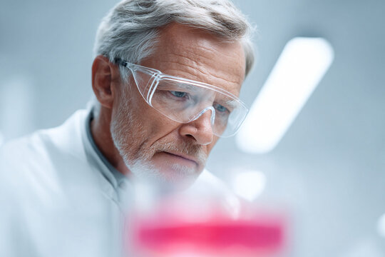 Focused scientist in lab coat wearing protective eyewear, intently analyzing red liquid. Concept of research, medicine, innovation, or discovery. Perfect for scientific content.