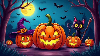 Vibrant Halloween illustration featuring a smiling pumpkin, dynamic witch, and glowing cat under a full moon. Bright colors, bold outlines, and swirling bats bring energy and charm to the scene.