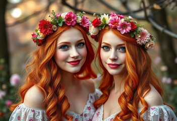 Obraz premium Two redheads in floral crowns, whimsical fairytale setting, sunshine, whimsical