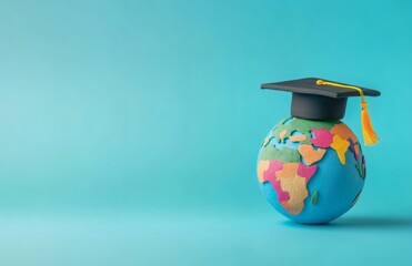 Concept illustration graduation hat on globe against blue background. Online education, global studies, university learning concepts. 
