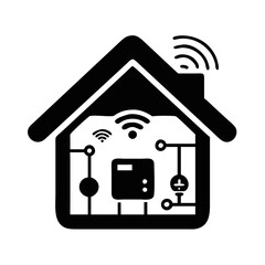Smart home icon with wireless technology-Black and white illustration of a smart house featuring wireless signals and connected devices, symbolizing home automation and IoT systems.