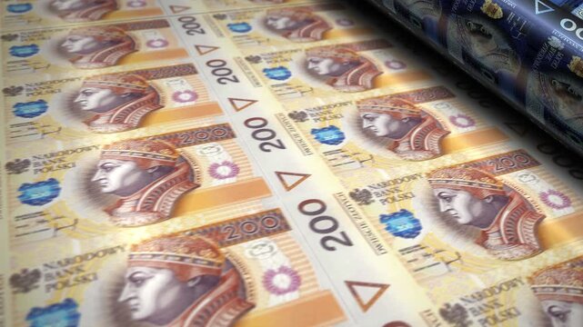 Poland zloty Polish money banknotes printing roll machine loop. Paper 200 PLN bank note print 3d looping seamless. Abstract concept of banking, finance, economy and crisis.