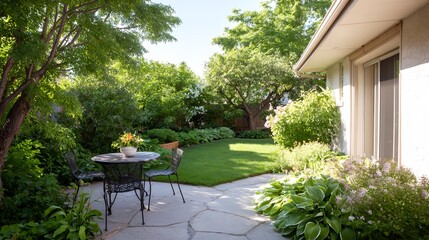 Obraz premium Patio with a table and chairs, a potted plant, and a flower bed.