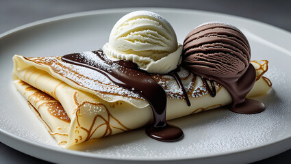 Close-up of folded crepe with melted chocolate drizzle. Vanilla and dark chocolate ice cream scoops. Perfect for dessert menu visuals.