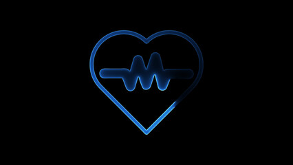 Glowing blue heart and pulse wave graphic representing healthcare and cardiology on black background