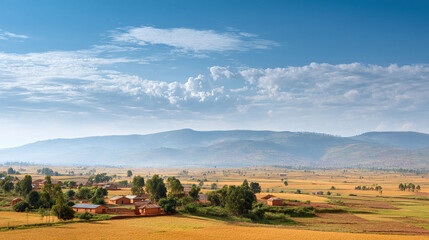 Obraz premium Scenic landscape shot of a rural village nestled amongst golden fields and rolling hills beneath a blue, partly cloudy sky. Natures beauty, serene and tranquil.
