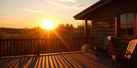 Warm sunset light bathes a wooden deck, shadows lengthen,  grain,  horizontal