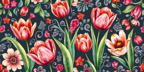 Whimsical paisley floral tile pattern in watercolor, featuring tulips and leaves; hand-painted, seamless, abstract, Indian batik style, design, batik